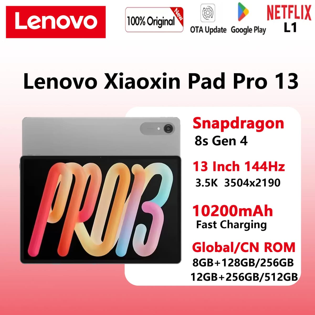 New Lenovo Xiaoxin Pad Pro 13 Tablet 2026 Snapdragon 8s Gen4 13'' 144Hz LCD Screen TB376FC 10200mAh Xiaoxin Pad Pro 12.7 TB375F