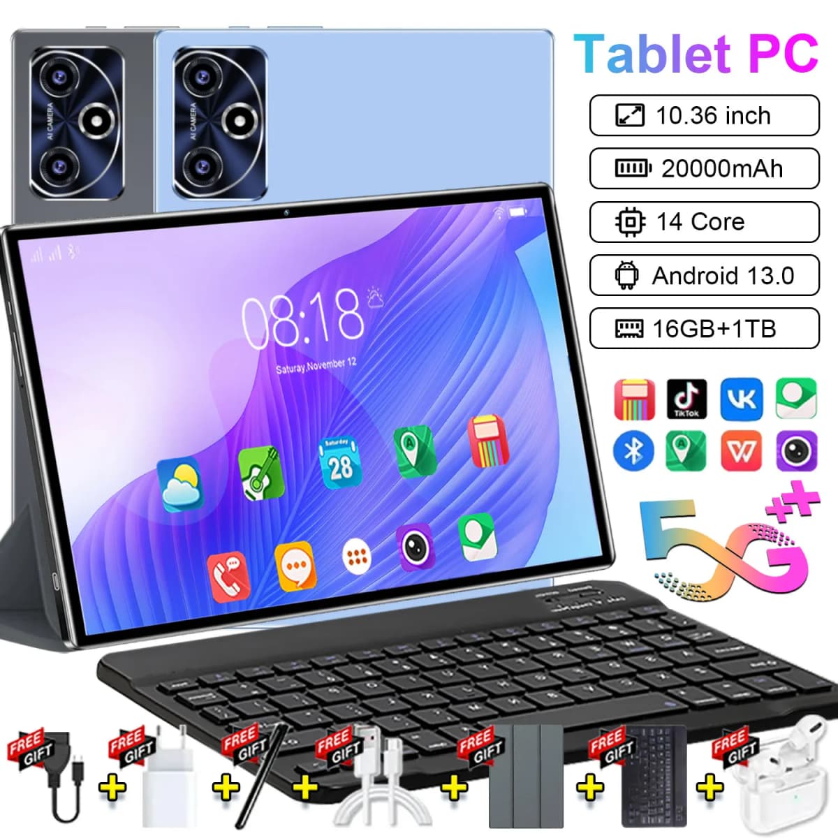 2026 New Tablet Android 13 12000mAh Large Battery 16MP+32MP Camera 10 Core 5G WiFi Portable 16GB RAM 1TB ROM For Ebook Reading