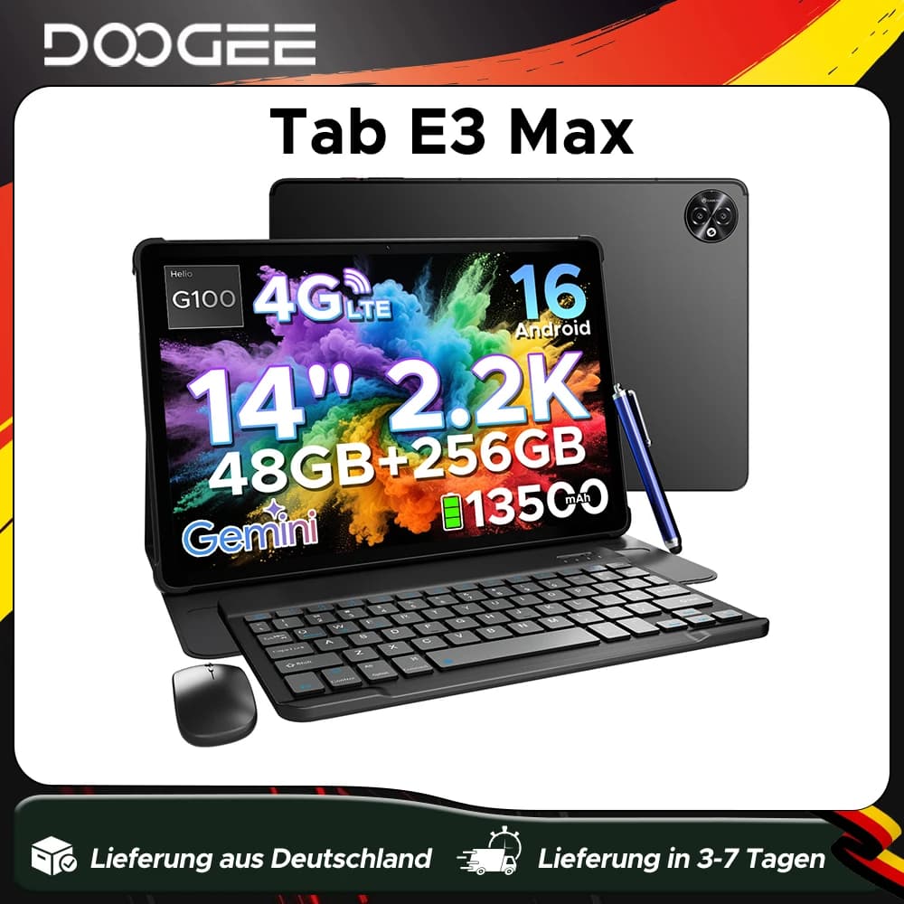 DOOGEE Tab E3 Max 2 IN 1 Tablet PC Android 16 Gemini AI 14'' 2.2K Display 48GB(8+40) RAM 256GB ROM 13500mAh Battery Smart Pads