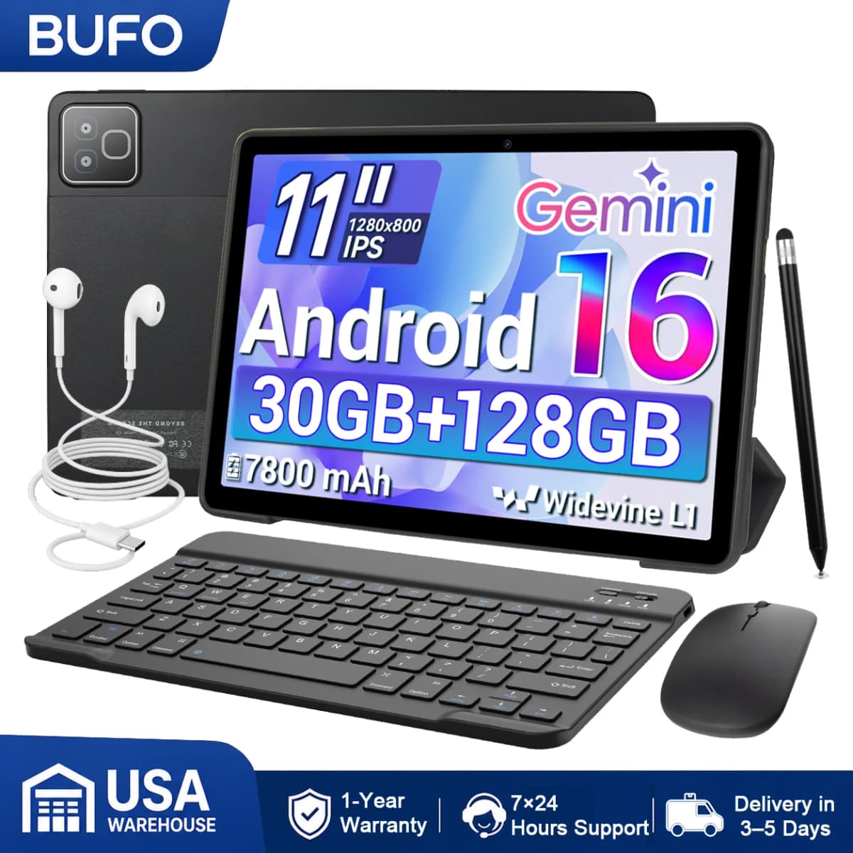 BUFO K6L 10.95 Inch Android 16 Tablet Bundle 30GB(3+27) RAM 128GB ROM A333 5-Core Processor 1280*800 IPS Screen 7800mAh Battery 5MP+8MP Camera Expandable 1TB TF With Keyboard Case Stylus Mouse Earphone Full Productivity Suite Tablet PC