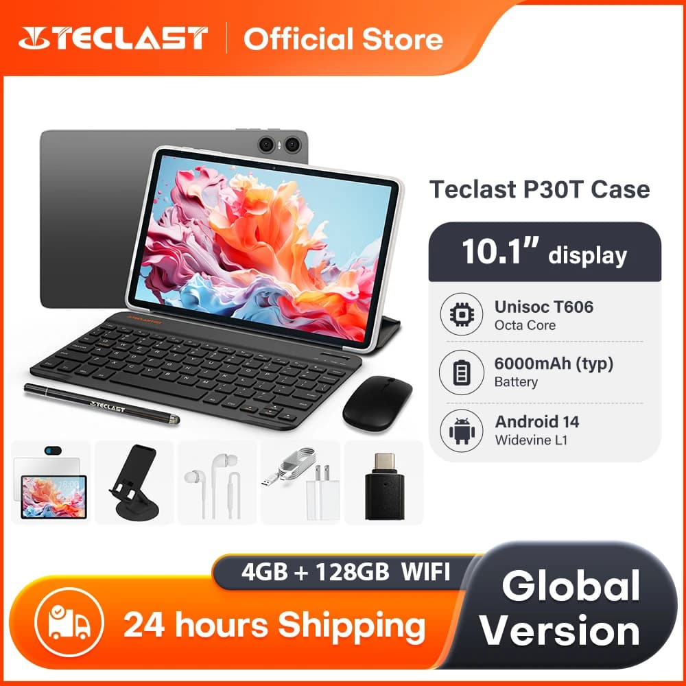 Teclast P30T Case Tablet 10.1" Dispaly Unisoc T606 8 Cores 4GB (+8GB Virtual) 128GB 6000mAh Battery Android 14 Tablets L1 Wifi6