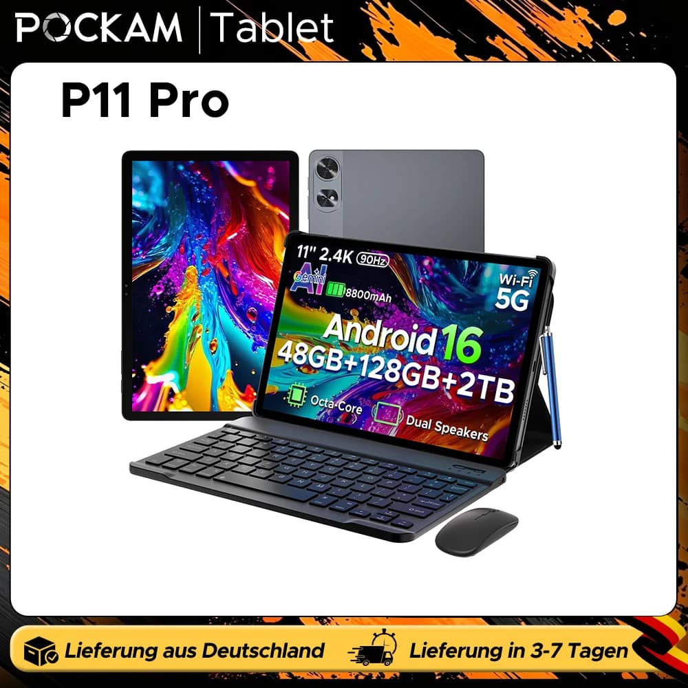 POCKAM P11 Pro Android 16 Tablet, 11" Tablet with Gemini AI, 48GB RAM+128GB ROM, Tablet 2.4K 90Hz, T7250 Octa-Core, 13MP+5MP, 8800mAh, 5G WIFI, Headphone, Tablet with Keyboard, Pen, Mouse-Black
