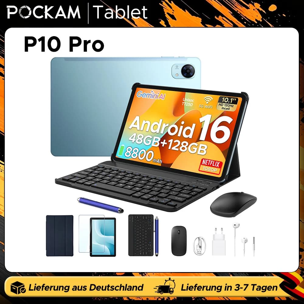 POCKAM P10 Pro Smart Tablet 10.1'' Tablet with 8800mAh Battery, 48GB RAM (8GB+40GB), 128GB ROM, Gemini AI, Android 16, and Widevine L1 support