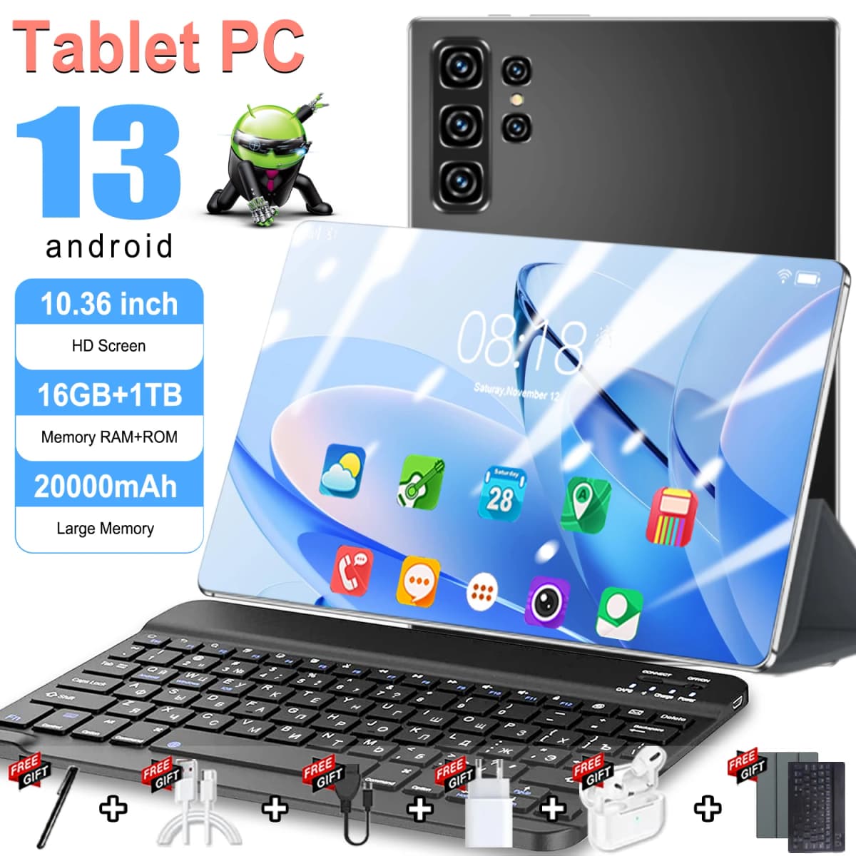 5G Pad 10.36 inch Tablet Android 14 Core 20000mAh 16GB RAM 1TB ROM Android 13.0 Wifi Tablets PC Network Global GP