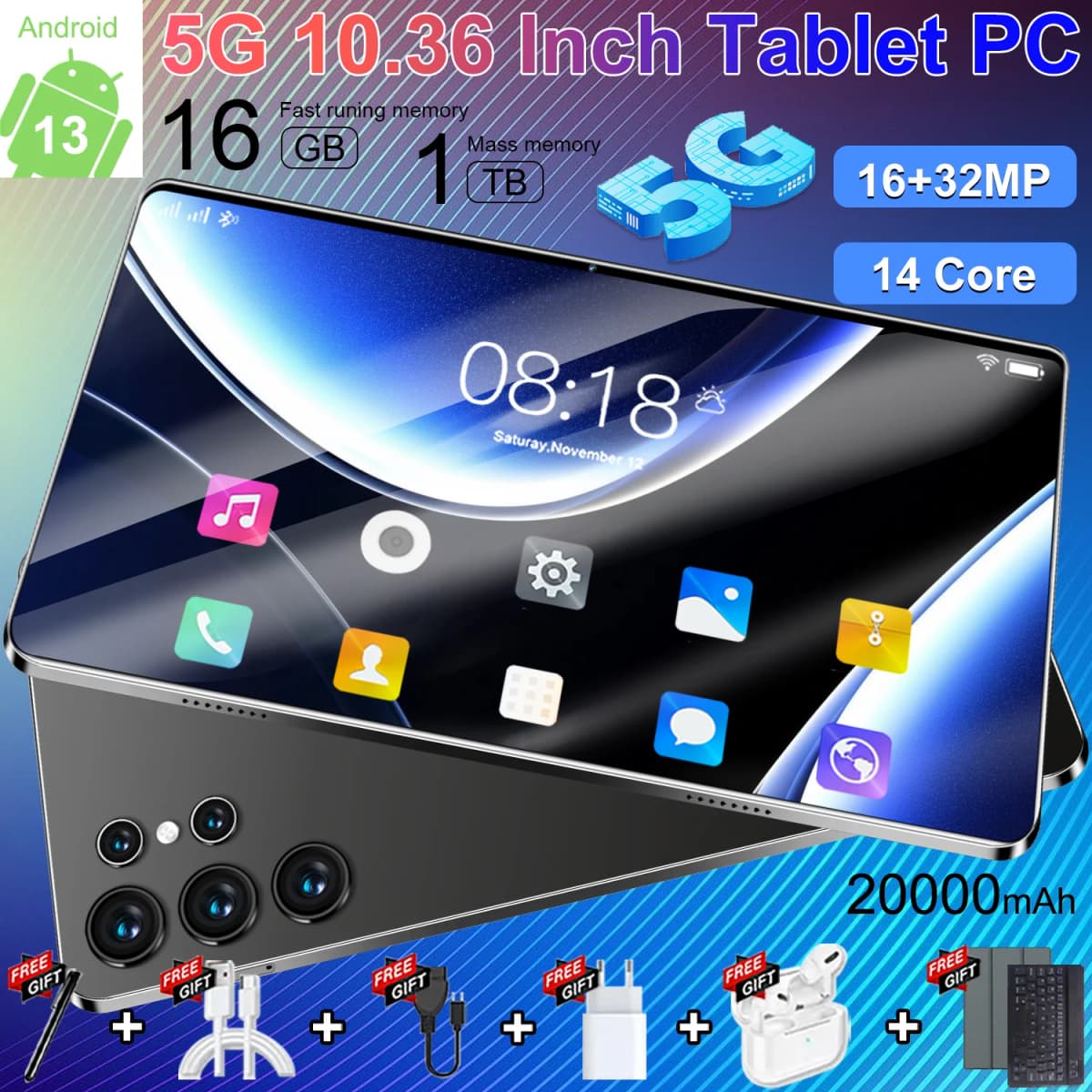 16GB+1TB 2026 Tablet Android 20000mAh 10.36 inch Global Version  New Network 14 Core Android 13.0 Wifi Tablet