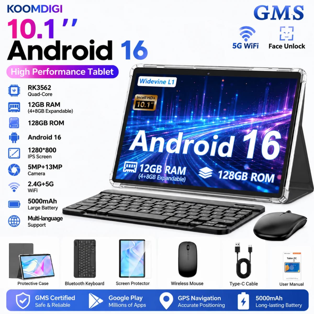 KOOMDIGI W30Pro Android 16 Tablet 10 Inch Display Touch Screen 12(4GB + 8GB Expand)RAM, 128GB ROM + Support 1TB TF Expanded(not Include TF Card) WIFI, 5000mAh Battery Type-C Charging, with Case (Keyboard, Wireless Mouse, Pen) Can Optional