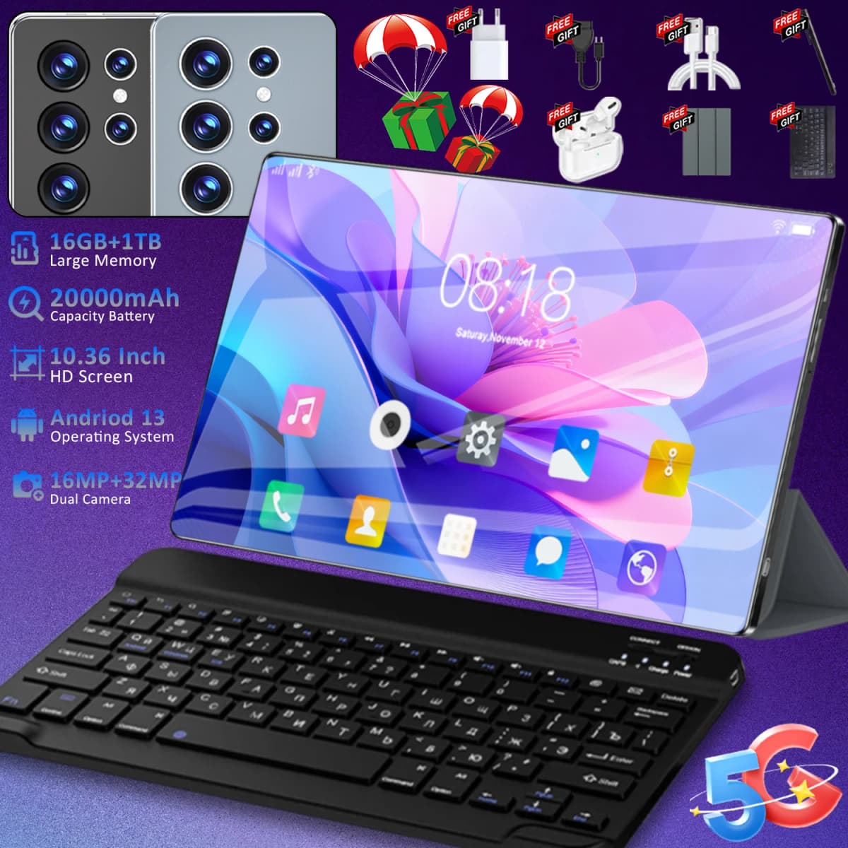 Android 13 Global Version Original New Pro Tablet 10.36 inch HD 4K 16GB+1T 20000mAh 5G Dual SIM Bluetooth WiFi GPS Tablet