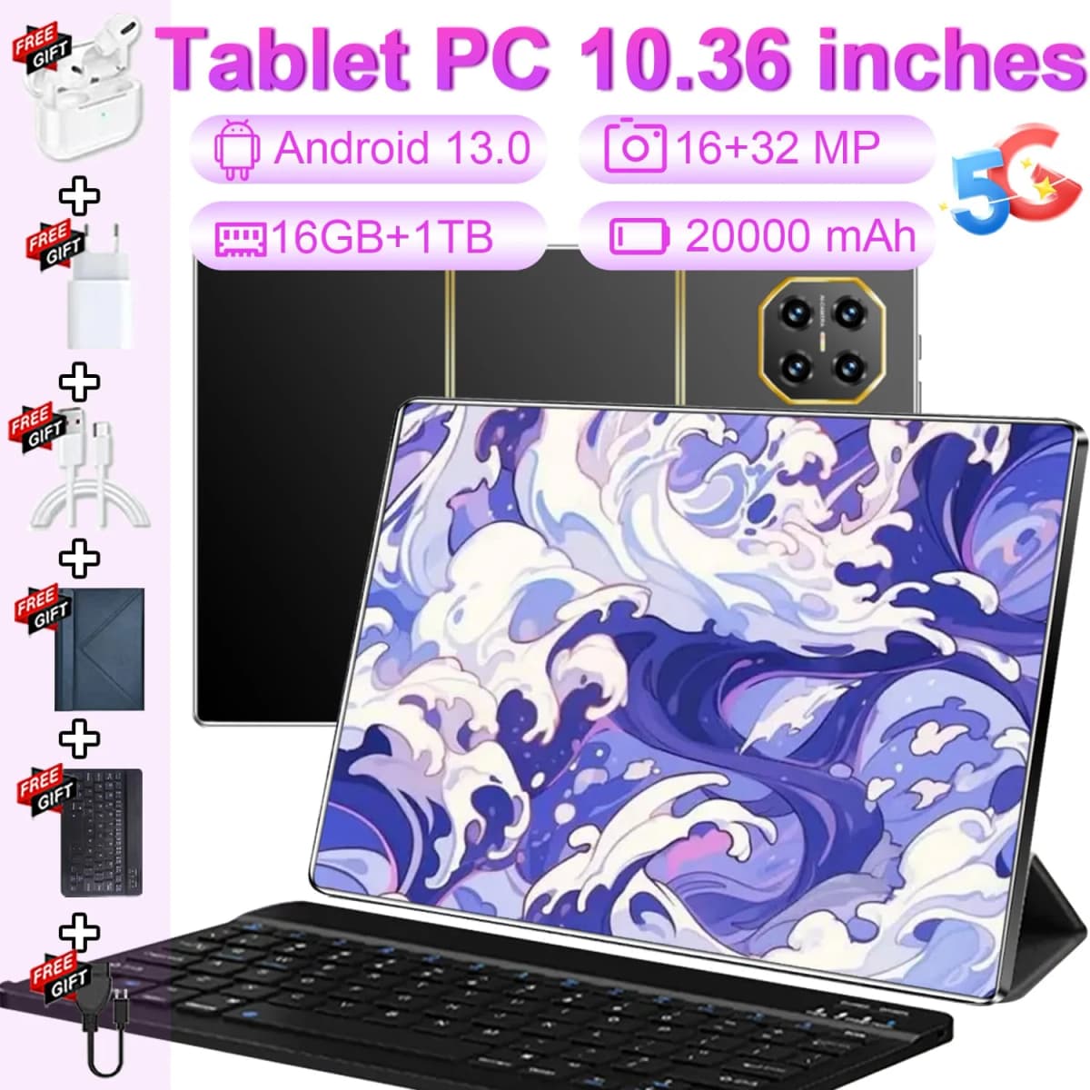 5G Global Version Pad 120000mAh 16MP+32MP 10.36 Inch Android 13 16GB+1TB  WPS+5G WiFi Bluetooth Dual SIM Phone Call Tablet