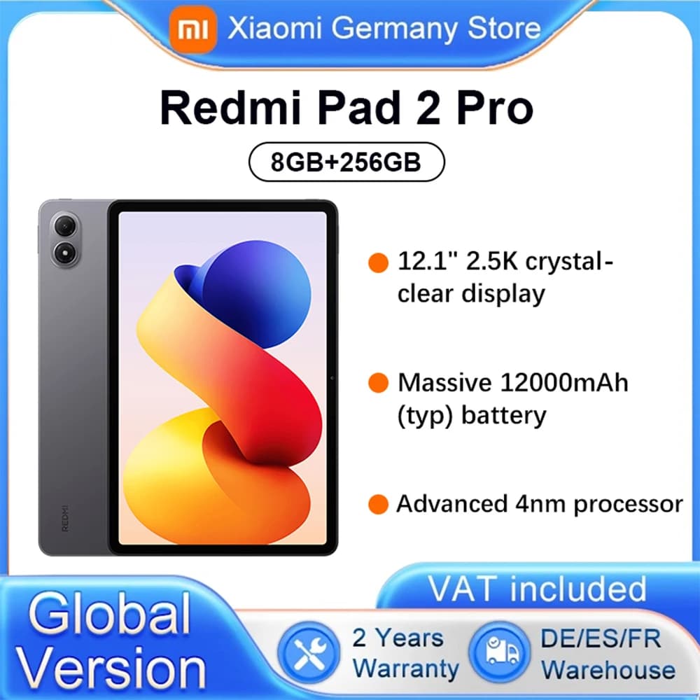 Global Version Xiaomi Redmi Pad 2 Pro Wifi 12.1' 2.5K Crystal-Clear Display 120Hz Refresh Rate 12000mAh Battery Advanced 4nm Processor Snapdragon® 7s Gen 4 Mobile Platform Powered by Xiaomi HyperOS Dolby Vision