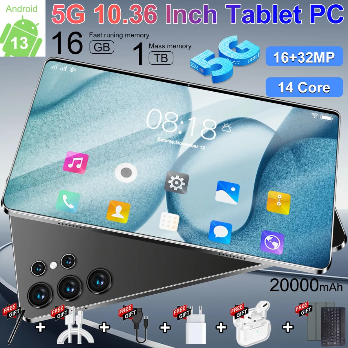 16MP+32MP 16GB+1TB Android 13 5G Global Version Pad 10.36 Inch 20000mAh WPS+5G WiFi Bluetooth Dual SIM Phone Call Tablet