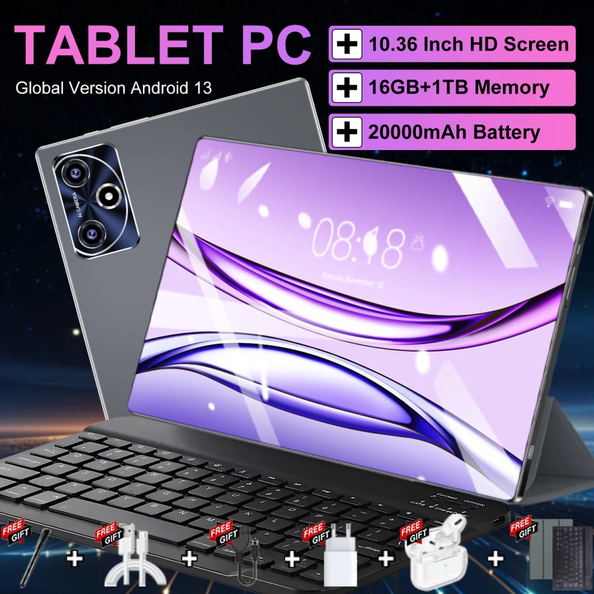 5G Global Version Pad 10.36 Inch Android 13 16GB+1TB 16MP+32MP 20000mAh WPS+5G WiFi Bluetooth Dual SIM Phone Call Tablet
