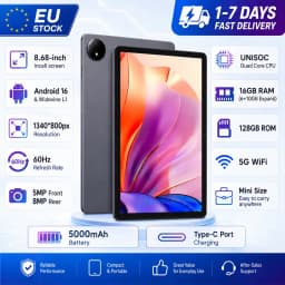KOOMDIGI 8.68 Inch Android 16 Tablet PC 16GB RAM (6GB+10GB Expand) 128GB ROM 1340×800 UHD Incell Screen 5G WiFi 5000mAh Dual Camera Widevine L1 GPS Google GMS Tablet with Case USB-C Cable Screen Protector