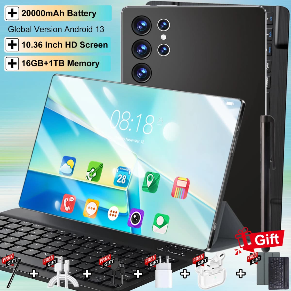 10.36 Inch 20000mAh Android 13 16MP+32MP 5G Global Version Pad 16GB+1TB WPS+5G WiFi Bluetooth Dual SIM Phone Call Tablet