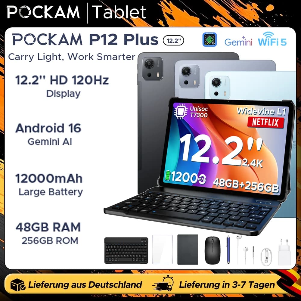 POCKAM P12PLUS 12-inch Android Tablet, 16 GB, 12,000 mAh/18 W, T7300 Octa-core, 2.4K at 120 Hz, 48GB RAM + 256GB ROM/2 TB microSD, Wi-Fi, 8MP + 13 MP, Gemini AI, Face ID, OTG, Tablet with Keyboard and Pen