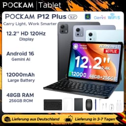 POCKAM P12PLUS 12-inch Android Tablet, 16 GB, 12,000 mAh/18 W, T7300 Octa-core, 2.4K at 120 Hz, 48GB RAM + 256GB ROM/2 TB microSD, Wi-Fi, 8MP + 13 MP, Gemini AI, Face ID, OTG, Tablet with Keyboard and Pen