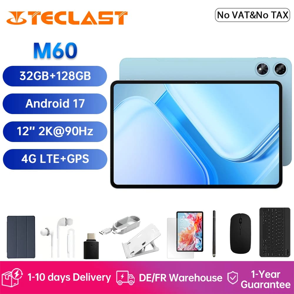 TECLAST Android 17 Tablet M60 12″ 2.5K IPS Touchscreen Display 90Hz 32GB RAM (6GB+26GB) 128GB ROM Dual 4G LTE WiFi 8000mAh Desktop Laptop