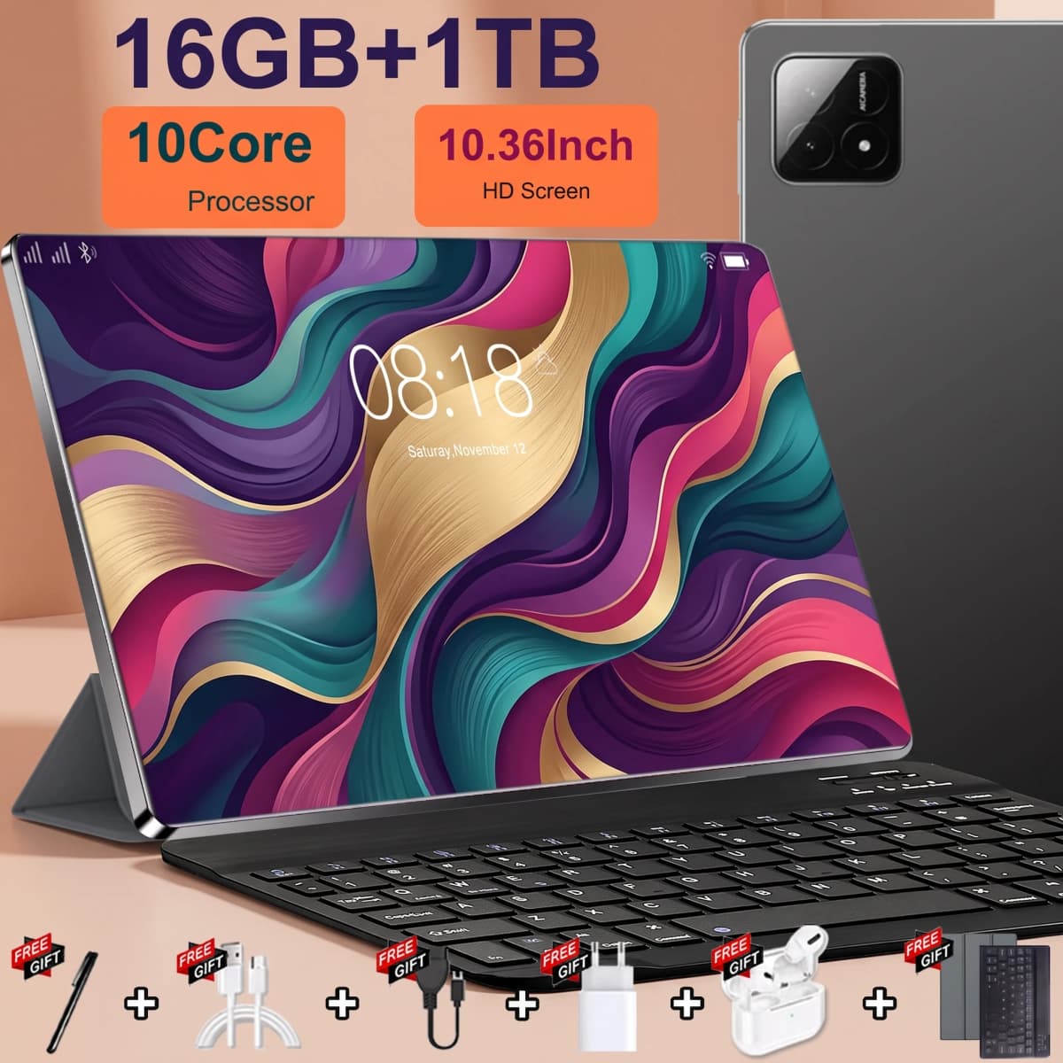 2026 New 10.36 Inch Pad Tablet PC Android 13.0 16GB RAM 1TB ROM 12000mAh 14 Core 5G Dual SIM Bluetooth GPS With Keyboard