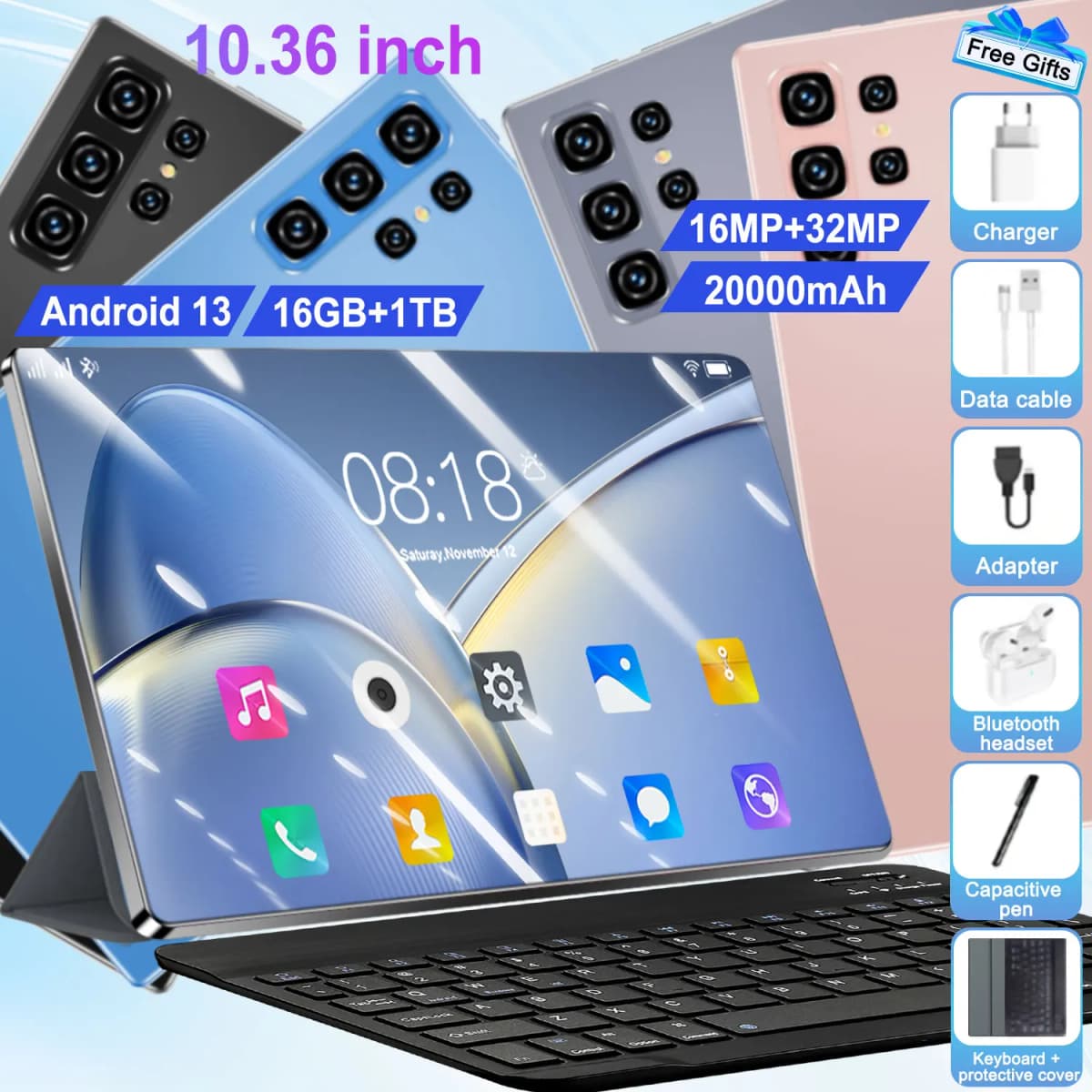 16GB+1TB 16MP+32MP  5G Global Version Pad 20000mAh  10.36 Inch Android 13  WPS+5G WiFi Bluetooth Dual SIM Phone Call Tablet