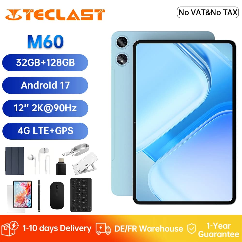 TECLAST M60 AI Table 12″ 2.5K IPS Screen Display 90Hz Android 17 Tablet 32GB RAM (6GB+26GB) 128GB ROM Dual 4G LTE WiFi 8000mAh TLA001
