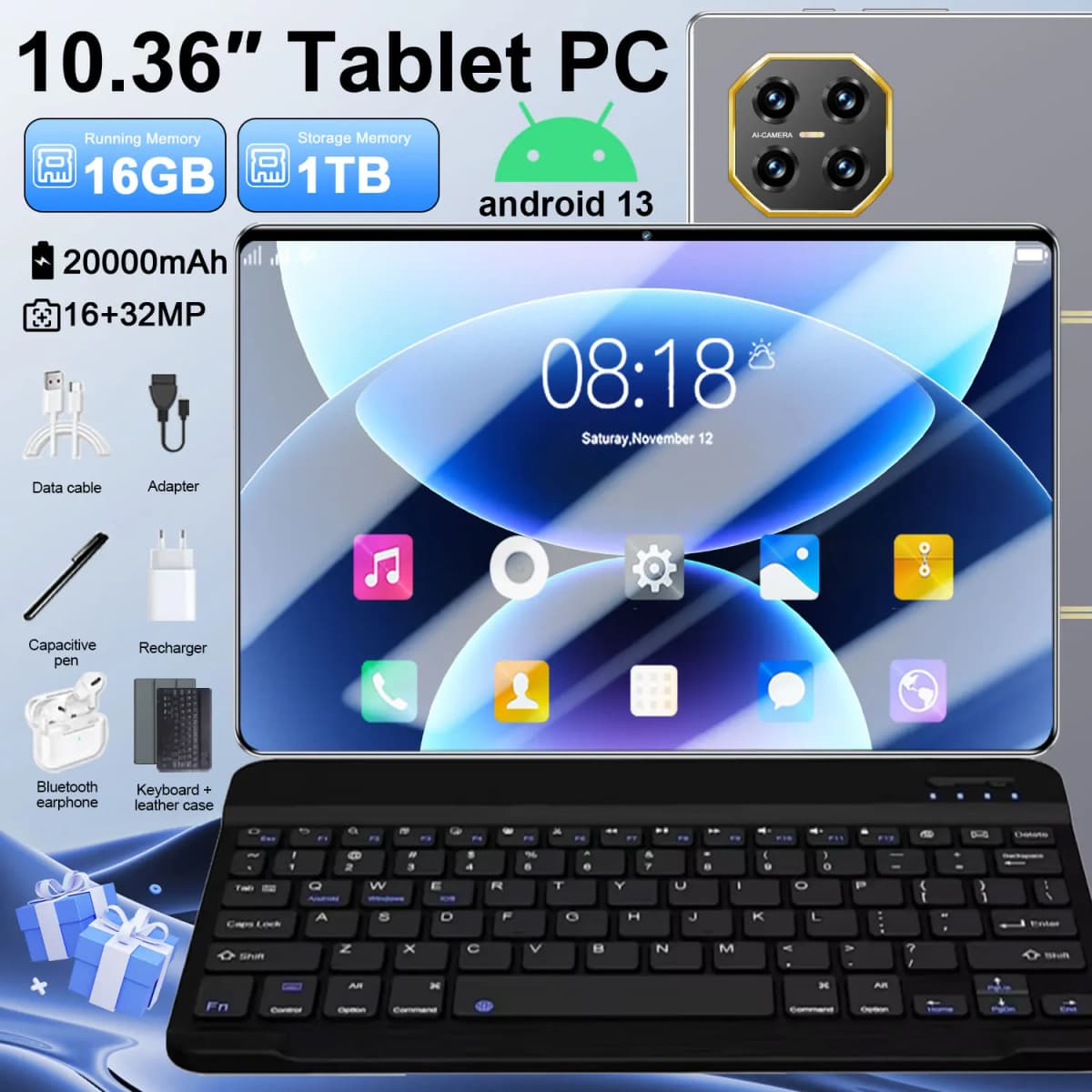 16MP+32MP 5G Global Version Pad 10.36 Inch Android 13 16GB+1TB 20000mAh WPS+5G WiFi Bluetooth Dual SIM Phone Call Tablet