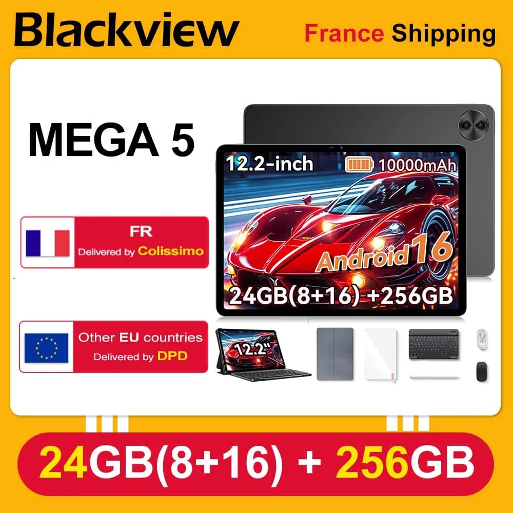 [Shipping from France] Blackview Mega 5 Tablet Pc,12.2" 2.4K Ultra‑Clear Ips 120Hz,Tüv Süd Low Blue Light,24Gb(8+16) Ram 256Gb Rom,10000Mah 55W,Wi‑Fi 6,Dual 2W Box Speakers,Doke Os_P 5.0 Android 16,1080P Widevine L1 for Netflix Disney+ Prime Video