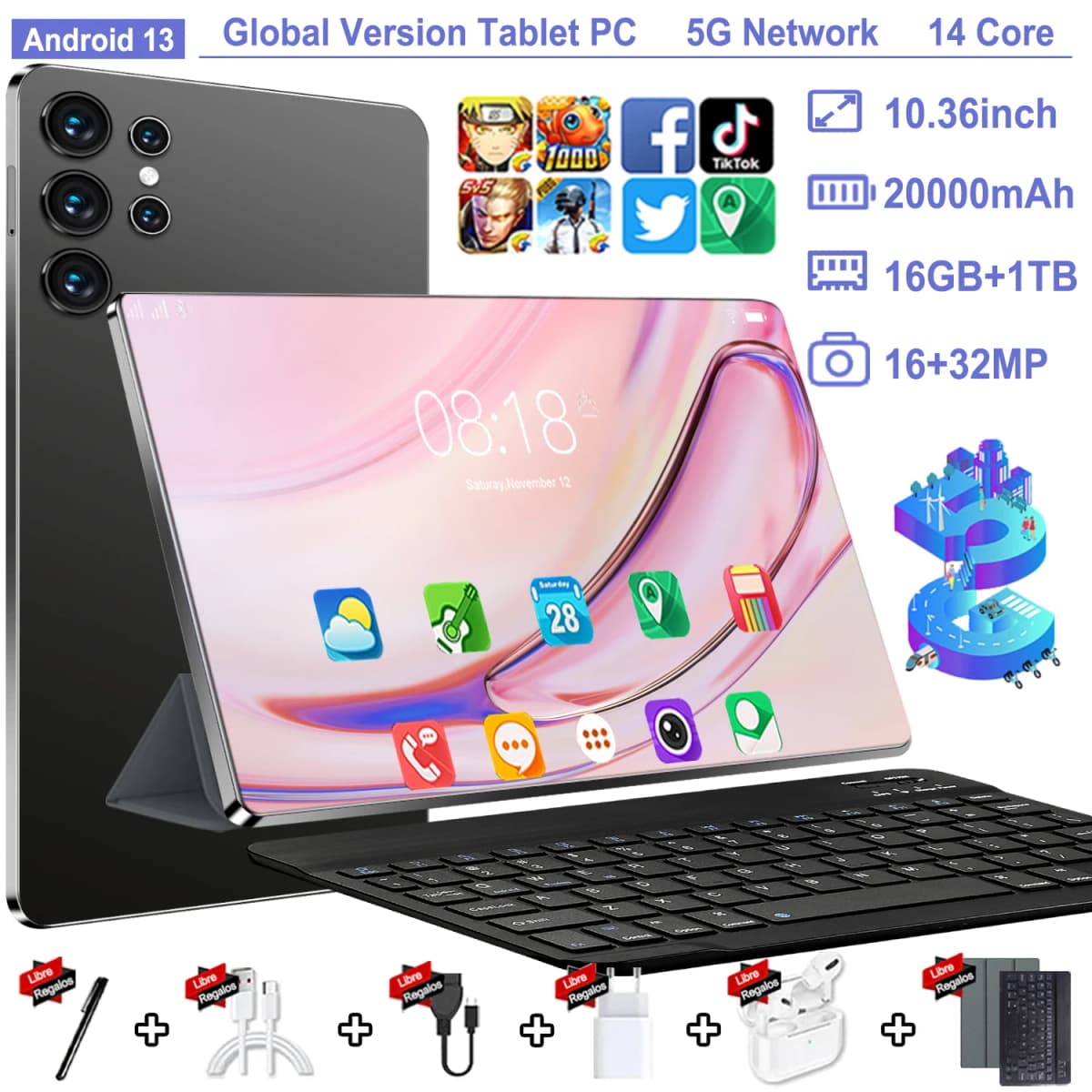 16GB+1TB Android 13 16MP+32MP 5G Global Version Pad 10.36 Inch 20000mAh WPS+5G WiFi Bluetooth Dual SIM Phone Call Tablet