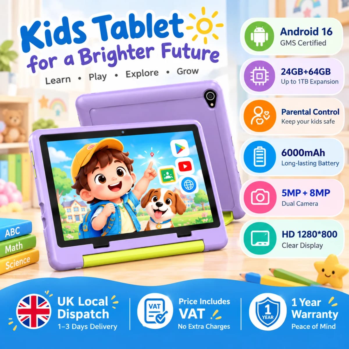 10.1 Inch Kids Tablet 24GB(3+21G) RAM 64GB ROM Android16 GMS Certified A333 Five-Core HD IPS 6000mAh Parental Control With Shockproof Silicone Case Stand Children Learning Tablet PC Purple Blue