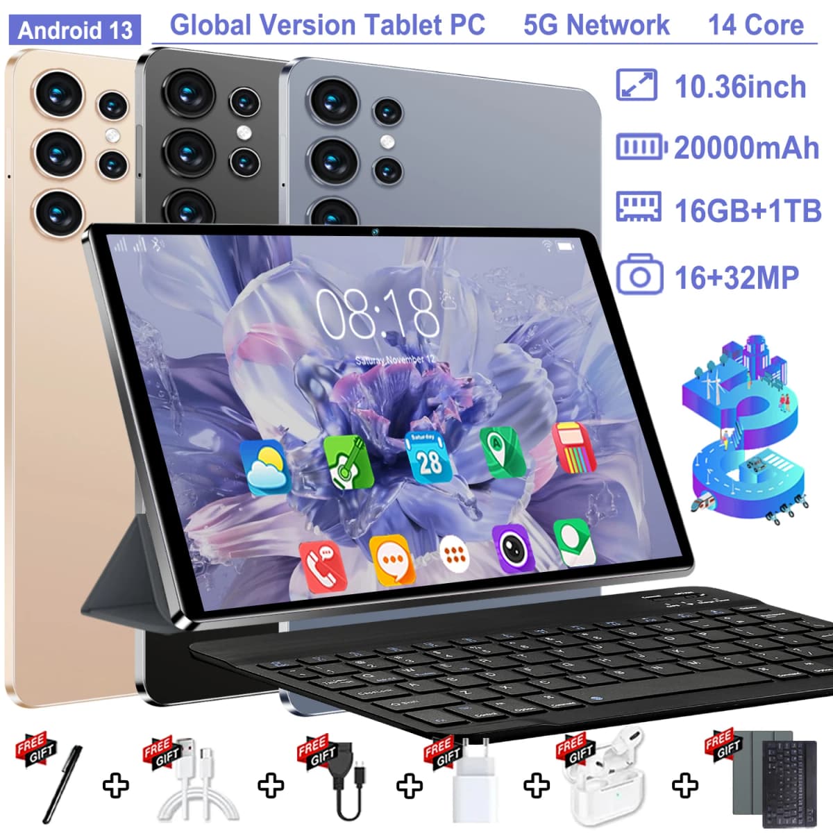 Lightweight 5G Tablet 10.36 Inch Android13 16GB RAM 1TB ROM 10 Core Long Lasting Battery GPS WPS Dual Camera With Keyboard