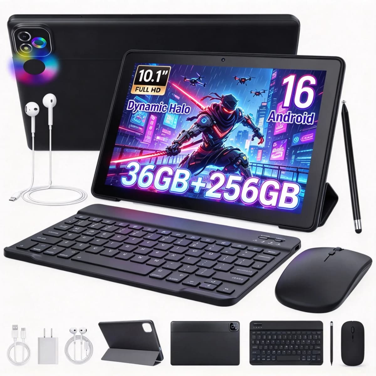 URAO X6ProL 10.1 Inch Android 16 AI Tablet PC 36GB(6GB+30GB) RAM 256GB ROM IPS Display A537 Octa‑Core 1TB TF Expand 6000mAh Battery WiFi 6 Full Kit with Keyboard Mouse Stylus Case Earphone for Study Work Entertainment Tablet Android