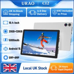 URAO New C12 10.36in A523 Octa-Core Single Tablet Widevine L1 Full HD Streaming Latest Android 15 20GB RAM 128GB Storage 5000mAh Battery Black Silver Ultra Thin Portable Entertainment Tablet For UK No Bundle