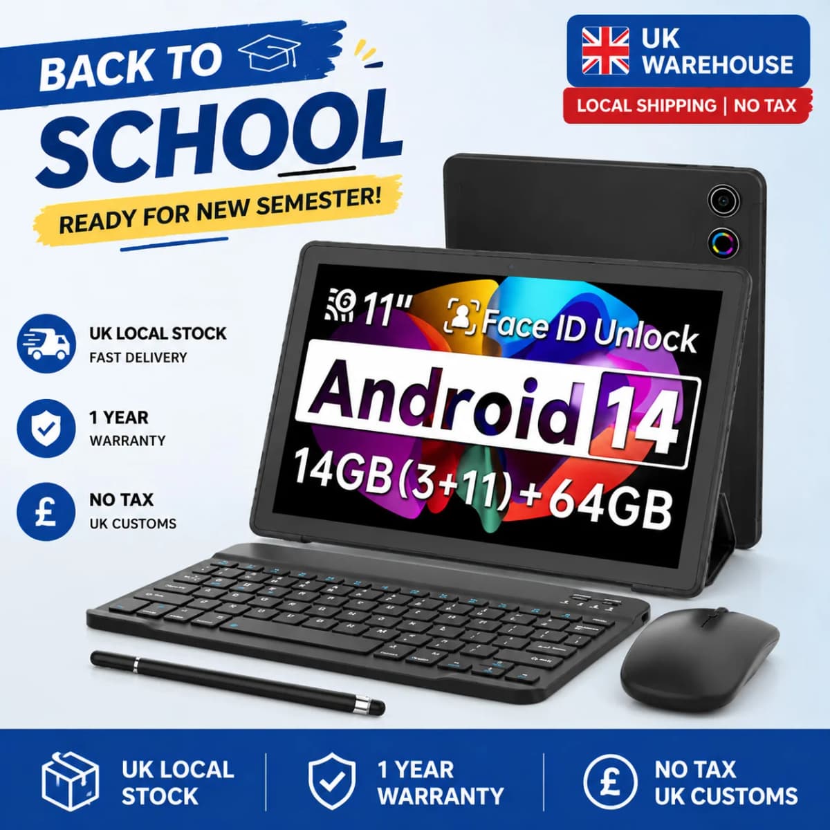 URAO 10.95 Inch Octa Core Tablet PC 24(4+20)GB RAM 128GB ROM Android 14 HD 1280*800 LCD 6800mAh Student Learning Tablet Support TF Card 1TB Expand Back to School Study Entertainment Tablet Full Accessory Bundle