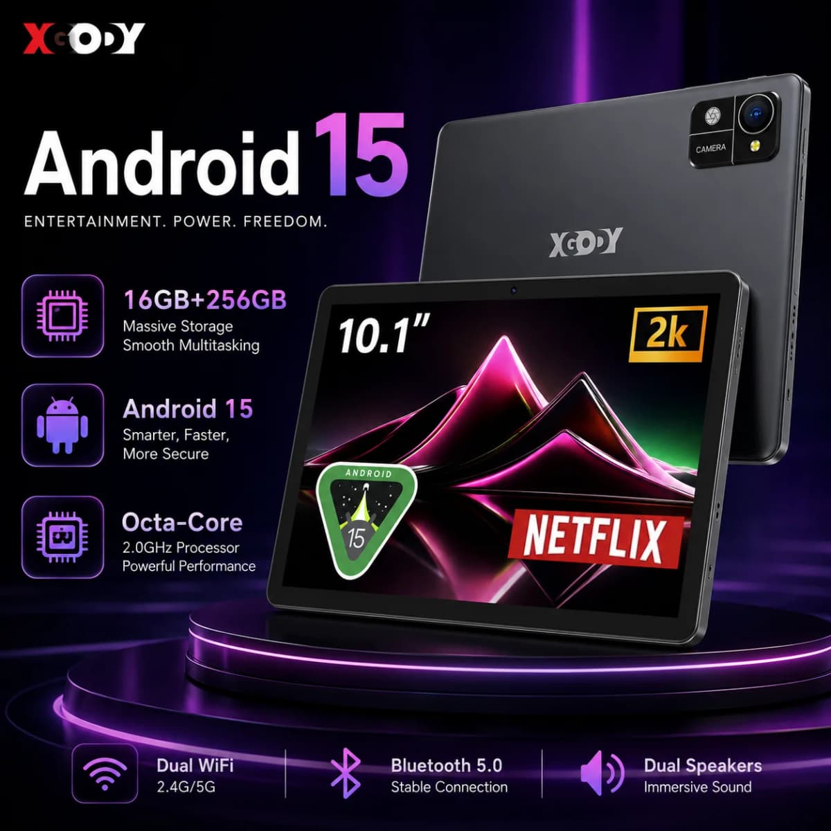XGODY N02 Pro 10.1 Inch Android 15 Tablet 16GB RAM 256GB ROM Octa Core Widevine L1 Dual WiFi 7000mAh Pad for Study Entertainment