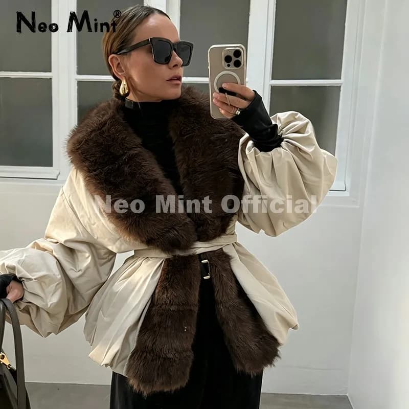 Neo Mint 2026 Winter Luxury Fur Collar Puffer Parka Jacket Women Warm Padded Quilted Coat Iconic Fashion Girls Outerwears