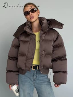  Fashion Solid Cropped Padded Coats Women Detachable Hood Zip Drawstring Hem Warm Jacket 2026 Winter New Lady Casual Outerwear