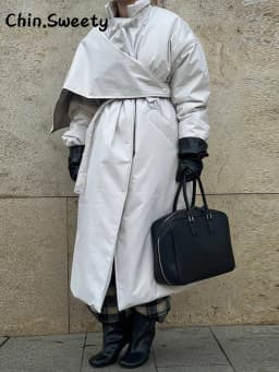 Fashion Women's Shawl Belt Long Cotton Padded Coat Stand Collar Lace Up Zipper Full Sleeve Coats 2026 Winter Lady Warm Jacket