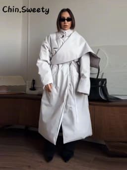 Fashion Women's Shawl Belt Long Cotton Padded Coat Stand Collar Lace Up Zipper Full Sleeve Coats 2026 Winter Lady Warm Jacket