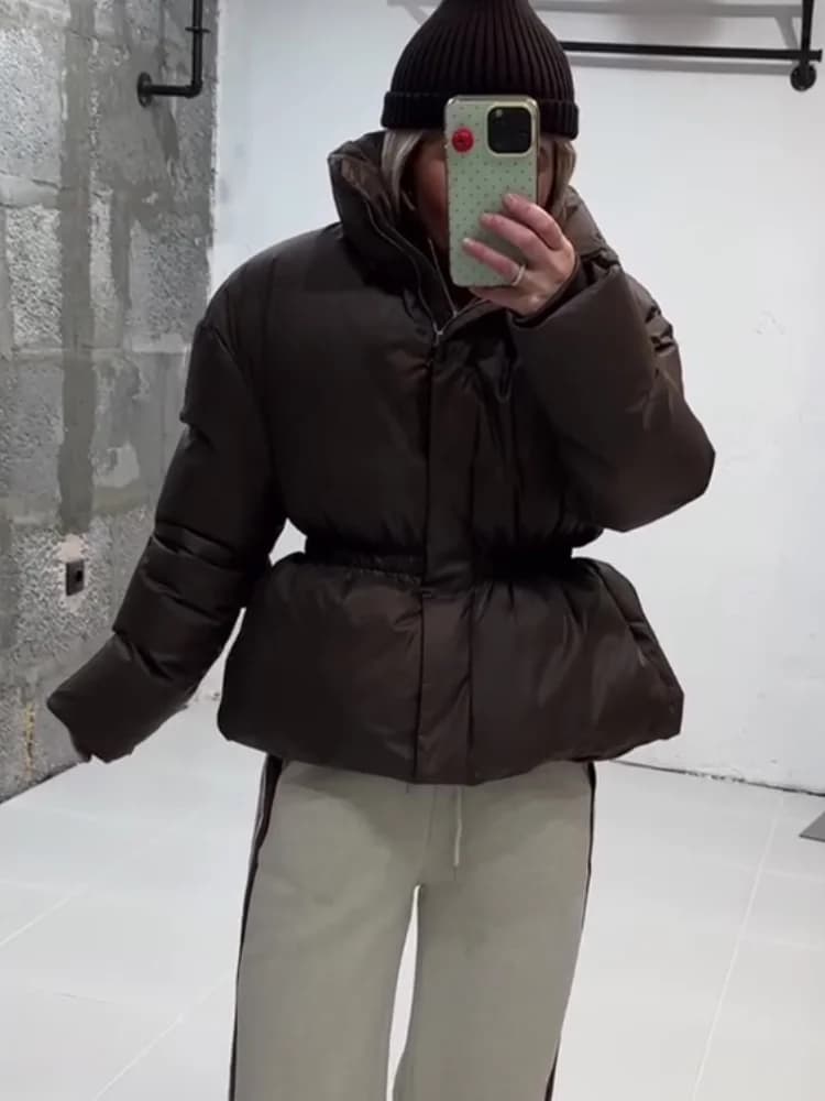 Glossy Stand‑Collar Drawstring Waist Back Zip‑Up Puffer Coat 2026 Winter Women Warm Padded Jacket Trendy Lady Cotton‑Padded Coat
