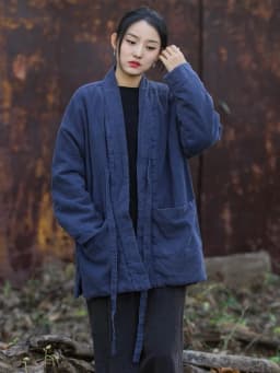 Thickened Cotton Jacket Chinese Style Women's Winter Training Clothes Cotton Linen Retro Zen Style Mid-Length Cotton Coat