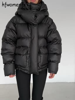 Casual Women's Puffy Hooded Cotton Coat Loose Long Sleeve Pockets Zipper Padded Coats 2026 Winter Lady Drawstring Warm Jackets