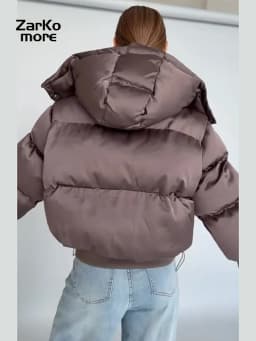 Women's Puffy Cotton Hooded Coats Loose Stand Collar Zipper Pockets Elastic Hem Padded Cropped Coat 2026 Winter Lady Jacket New