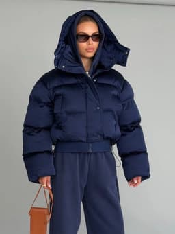 Women's Puffy Cotton Hooded Coats Loose Stand Collar Zipper Pockets Elastic Hem Padded Cropped Coat 2026 Winter Lady Jacket New
