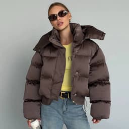Women's Puffy Cotton Hooded Coats Loose Stand Collar Zipper Pockets Elastic Hem Padded Cropped Coat 2026 Winter Lady Jacket New