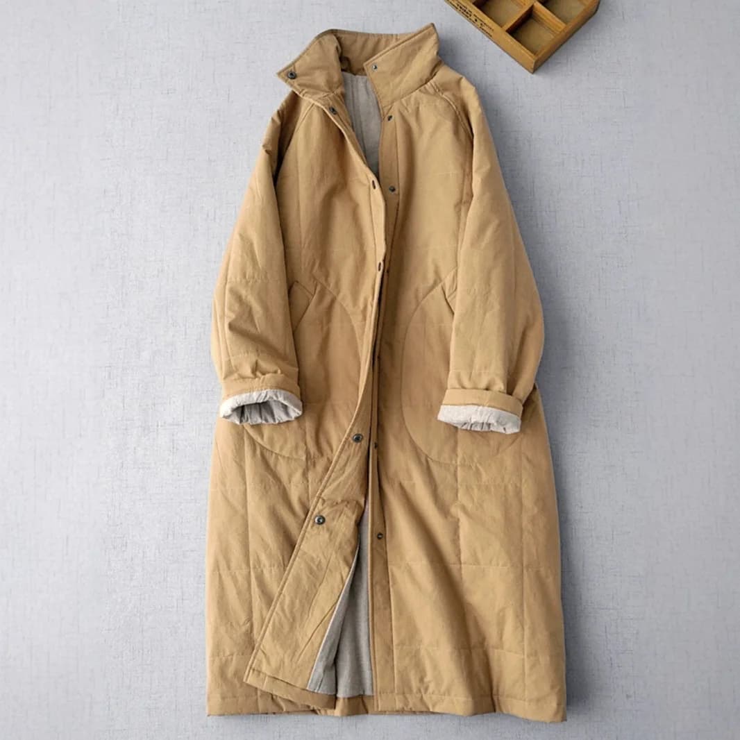 Trendy Quilted Maxi Coat for Women - Stand Collar Button Closure Long Jacket with Side Pockets for Fall Layering