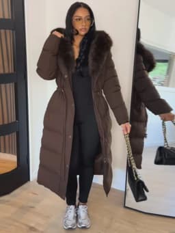 Women Long Puffer Coat Faux Fur Hood Drawstring Waist Zip Up Button Thick Warm Maxi Padded Jacket 2026 Winter Chic Casual Outfit