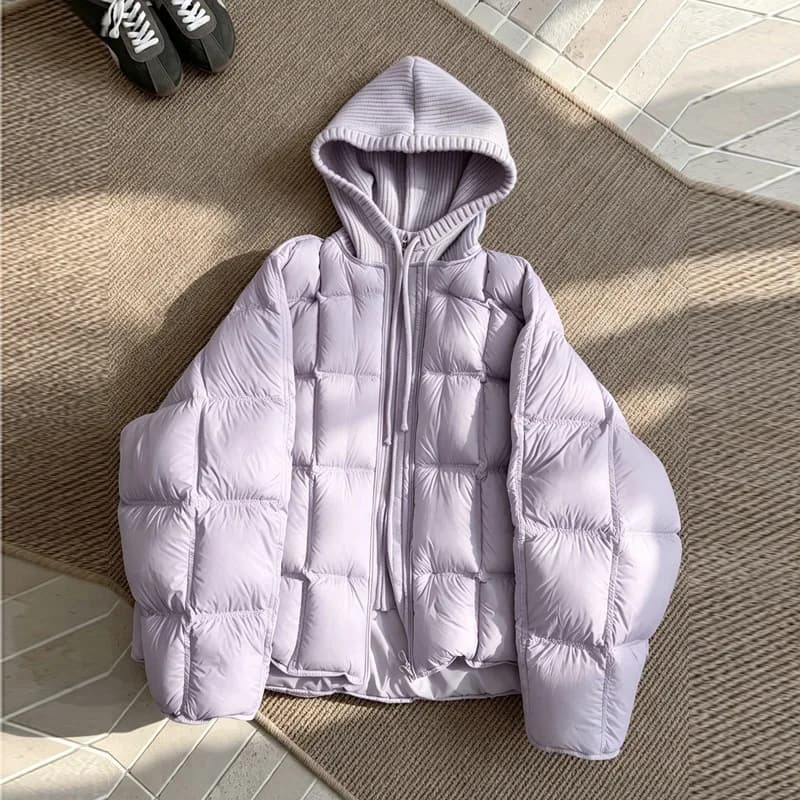 Knitted Hooded Puff Cotton-padded Jacket Women Parkas 2026 New Fake Two Pieces Loose Warm Thicke Cotton Clothes Female Outerwear
