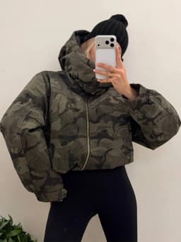 Women Camo Print Hooded Zipper Jacket Elastic Cuff Jacket Cropped Short Length Loose Puffer Winter Warm Winter Street Jackets