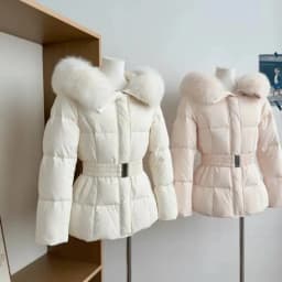 Winter Women's Faux Fur Collar Hooded Parkas Fashion Belt Thick Padded Cotton Jacket Women Slim Fit Solid Zipper Puffer Jackets