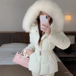 Winter Women's Faux Fur Collar Hooded Parkas Fashion Belt Thick Padded Cotton Jacket Women Slim Fit Solid Zipper Puffer Jackets