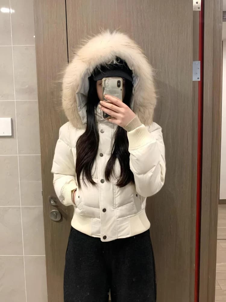 Winter Korean Vintage Short Zipper Padded Coat Women Aesthetic Design Long Sleeve Fur Collar Outerwear Casual Retro Slim Jacket