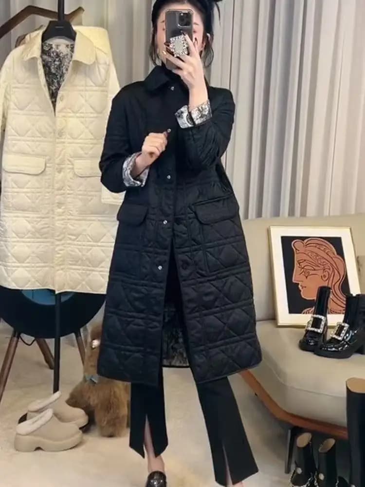 Trendy Black Khaki Style Cotton Jacket Mid-Length Quilted Korean System Small Fragrance Wind High-End Feel Autumn Winter Coat